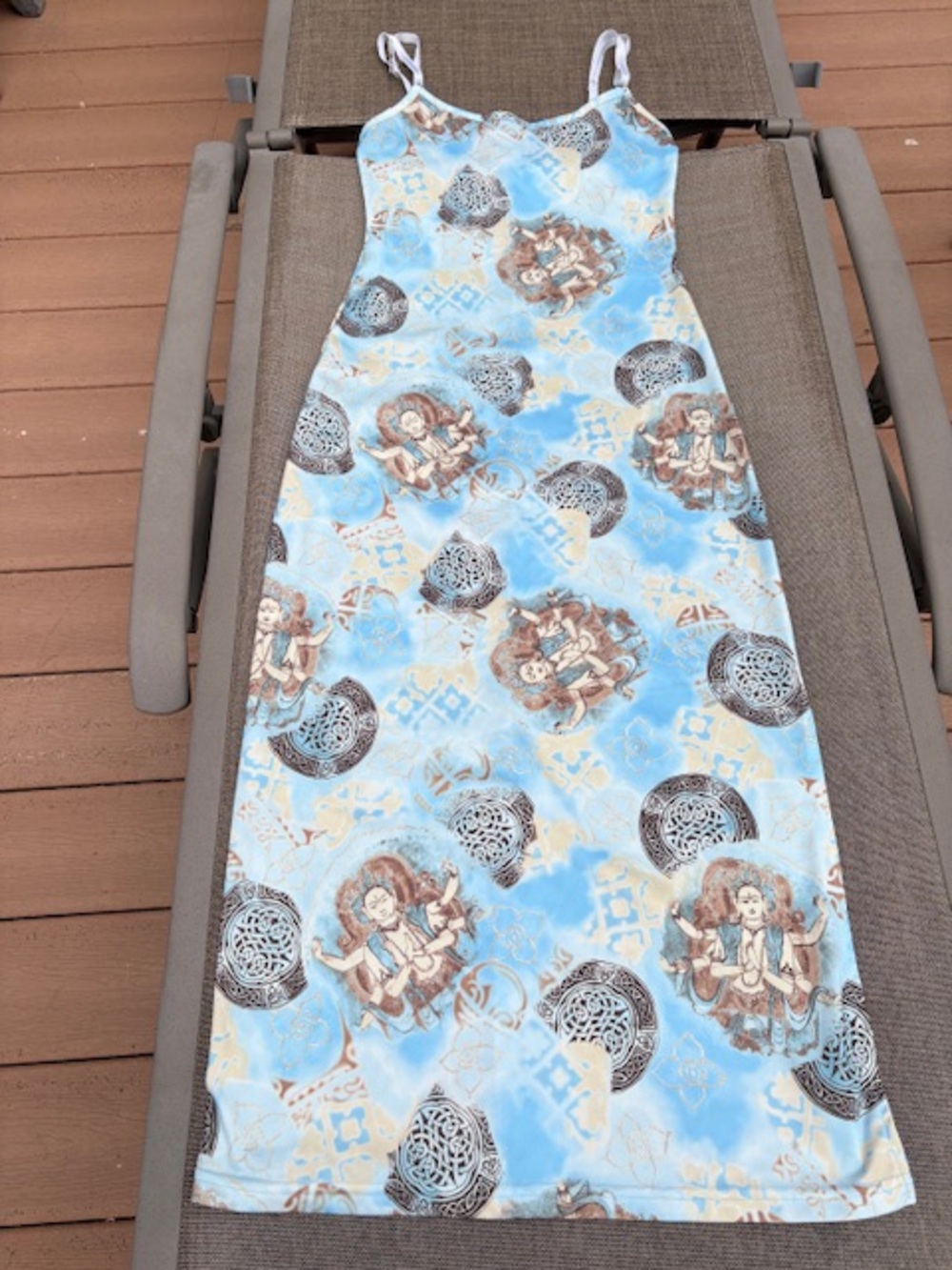 Buddha-Print Light Blue Maxi Beach Dress from 1990s, sz S, Jennyfer
